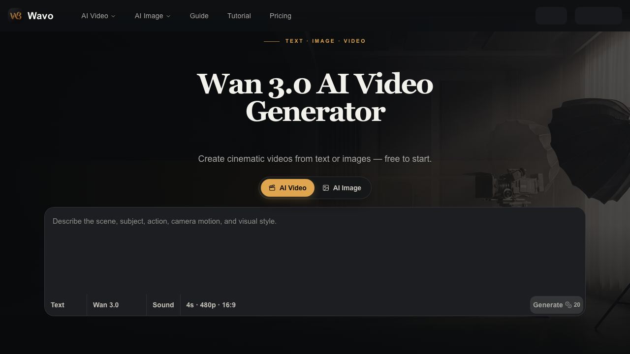 Wavo – Wan 3.0 AI Video Generator website screenshot