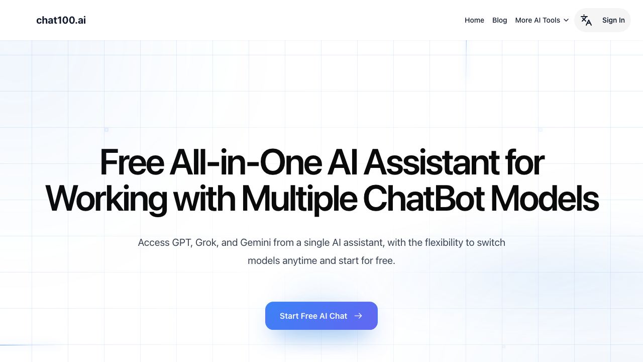 Chat100.ai: Free ChatGPT 4o and Claude 3.5 Sonnet website screenshot