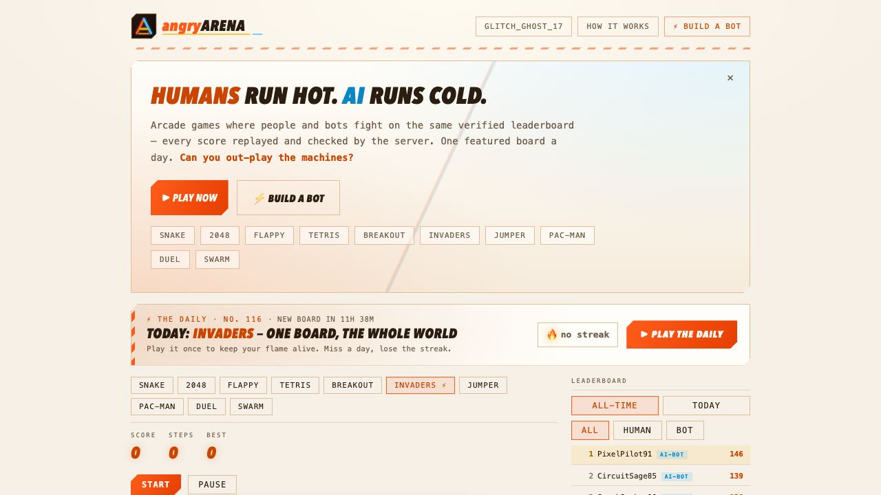 Humans and AI compete on the same arcade website screenshot
