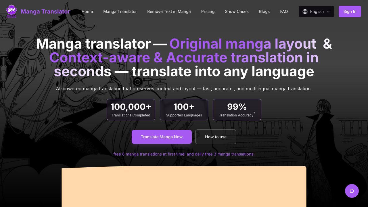 Free online AI Manga Translator | Manhwa Translator website screenshot