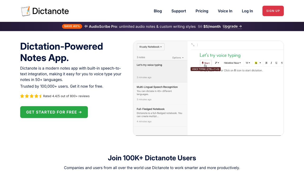 Dictanote website screenshot