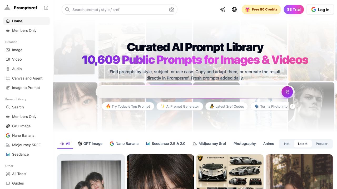 Midjourney Prompts, SREF Codes Library and Examples website screenshot