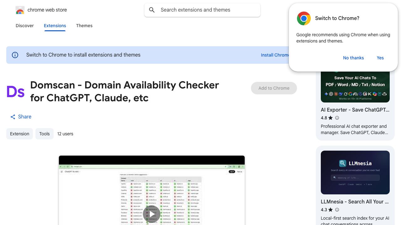 Domscan - Domain Availability Checker for ChatGPT, Claude, etc website screenshot