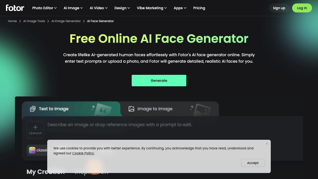 AI Face Generator By Fotor 网站截图