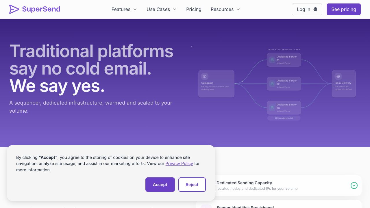 Super Send 2.0 website screenshot
