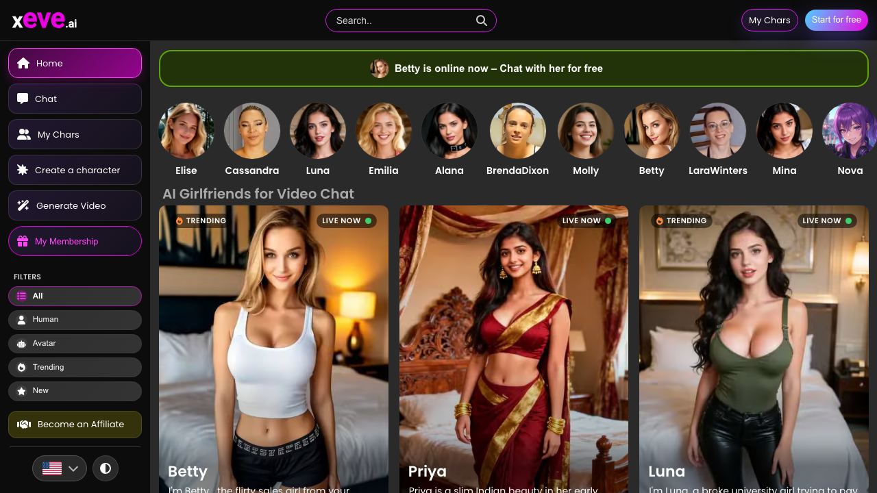 xeve.ai AI Girlfriends, AI Sexting, AI Live Video Chat and AI Striptease website screenshot