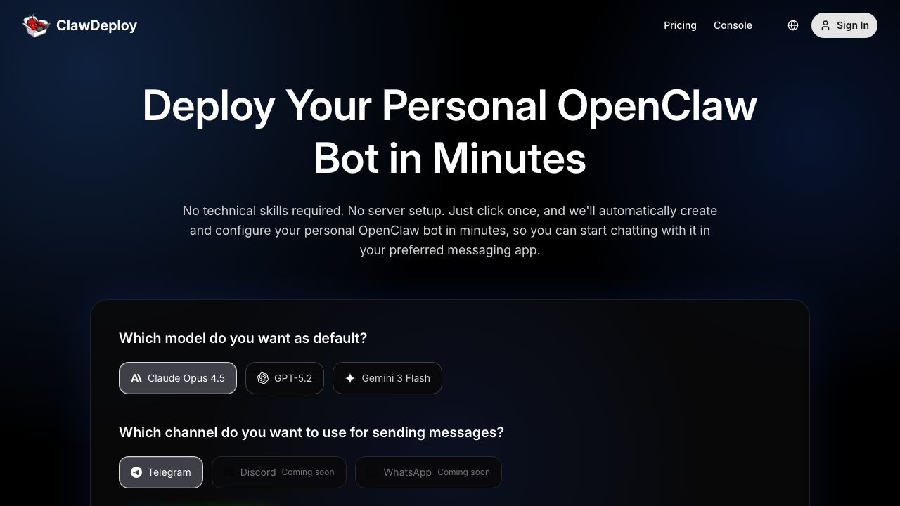 ClawDeploy AI 网站截图