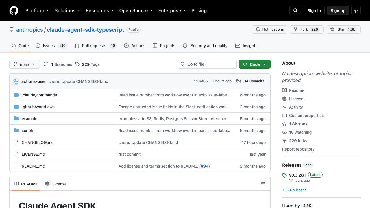 Claude Agent SDK TypeScript 网站截图