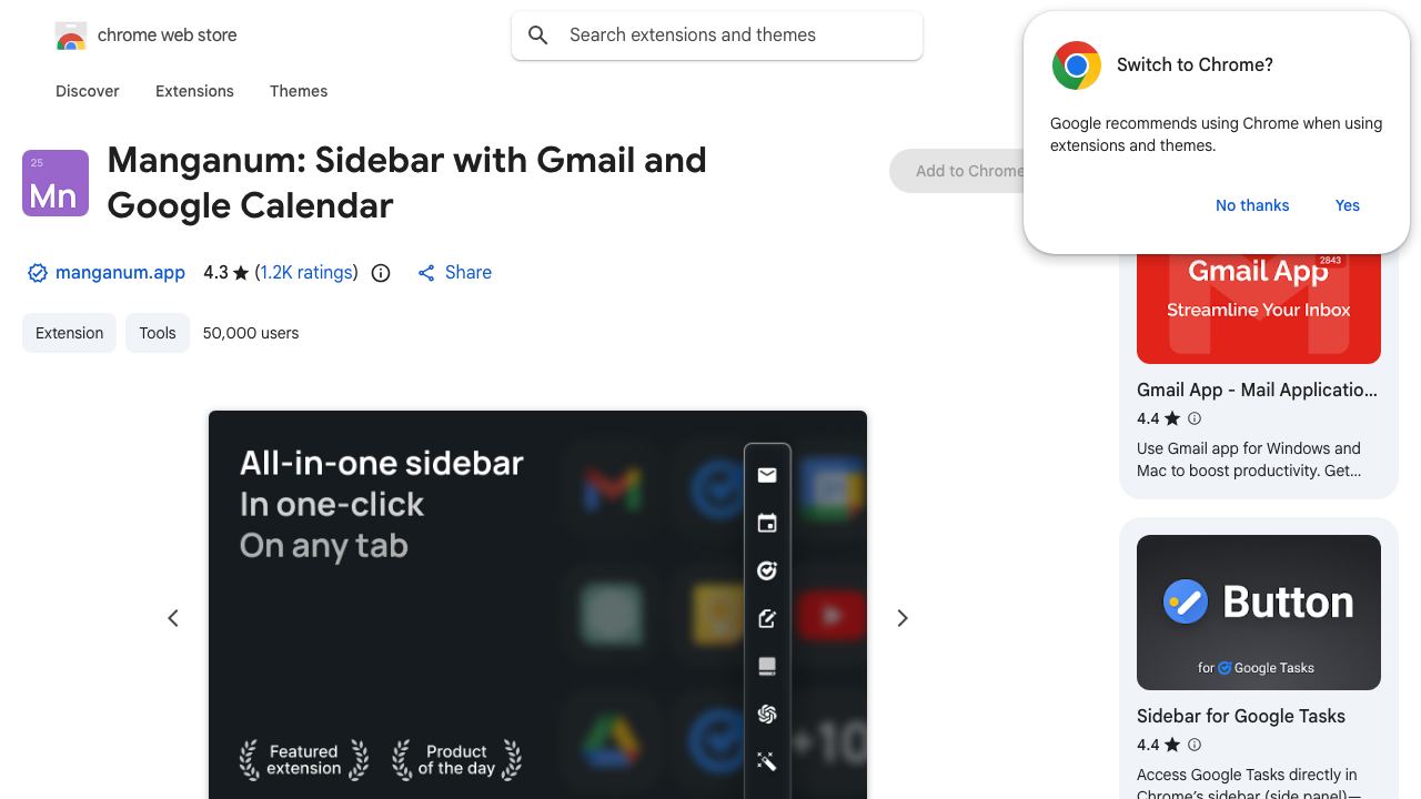 Manganum: Sidebar With Mail, Calendar — Sync With Google Calendar and Gmail 网站截图