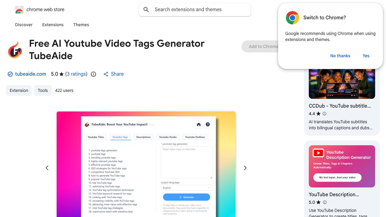 Free AI Youtube Video Tags Generator TubeAide 网站截图