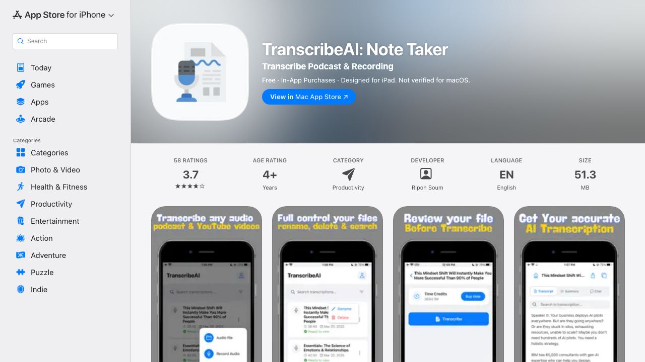TranscribeAI: Audio to Text 网站截图