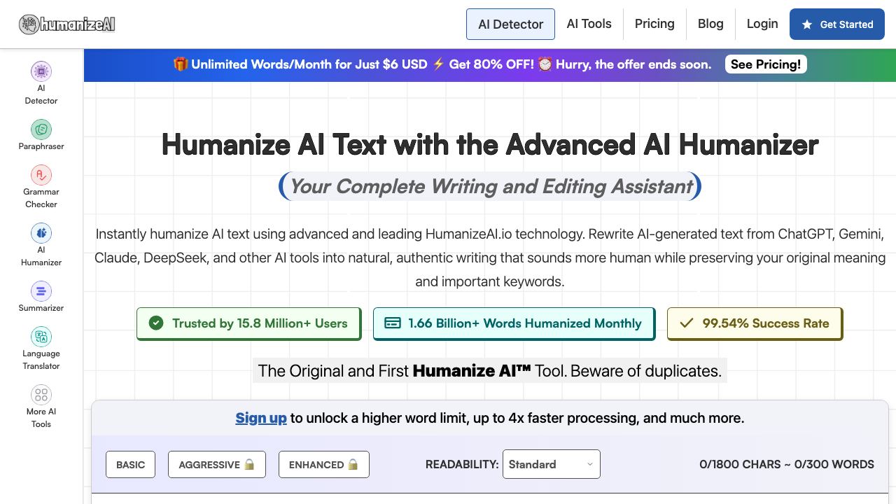 Humanize AI website screenshot