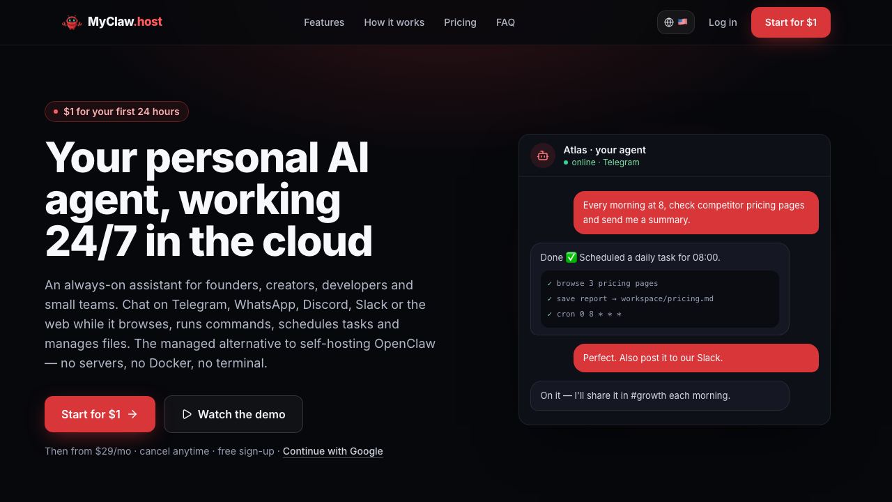 MyClaw.host website screenshot