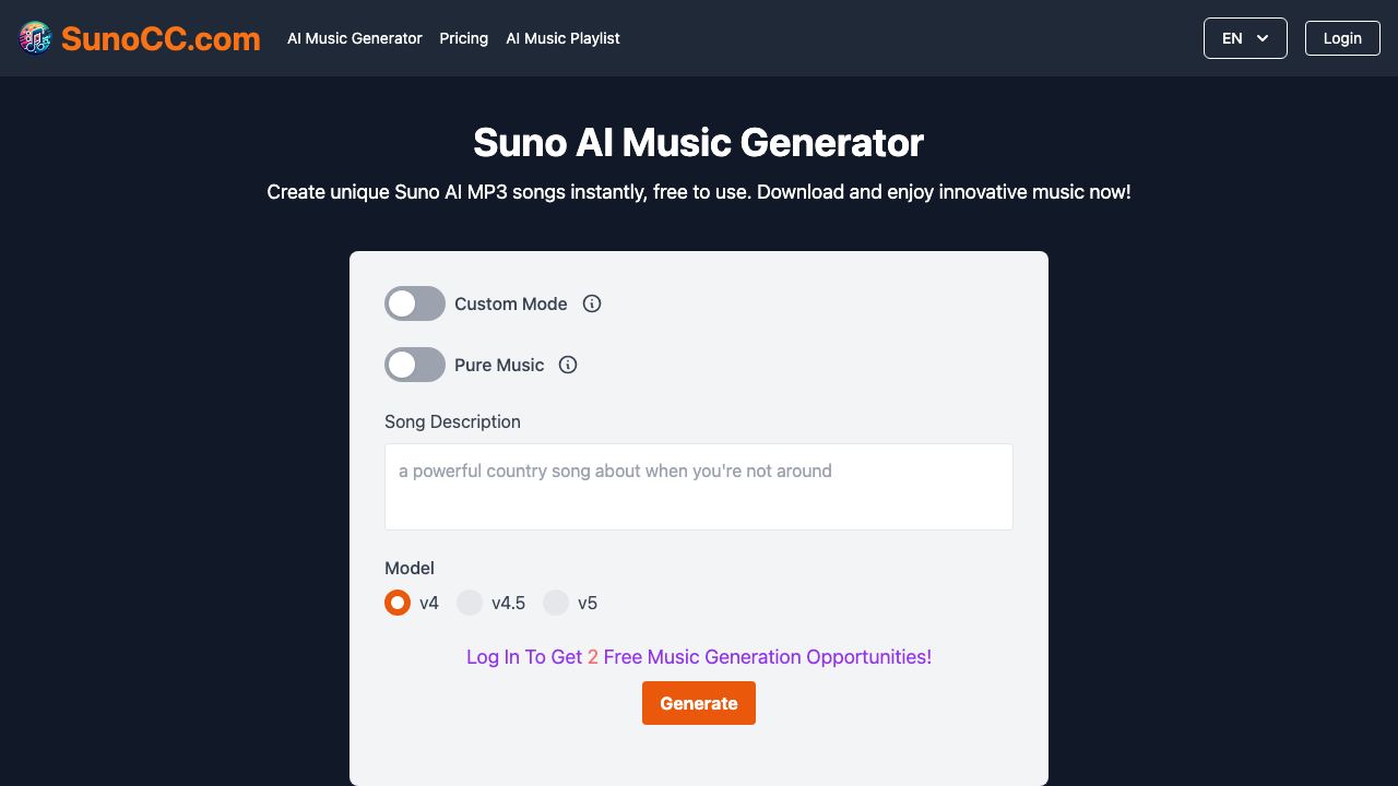 Suno AI Music Generator 网站截图