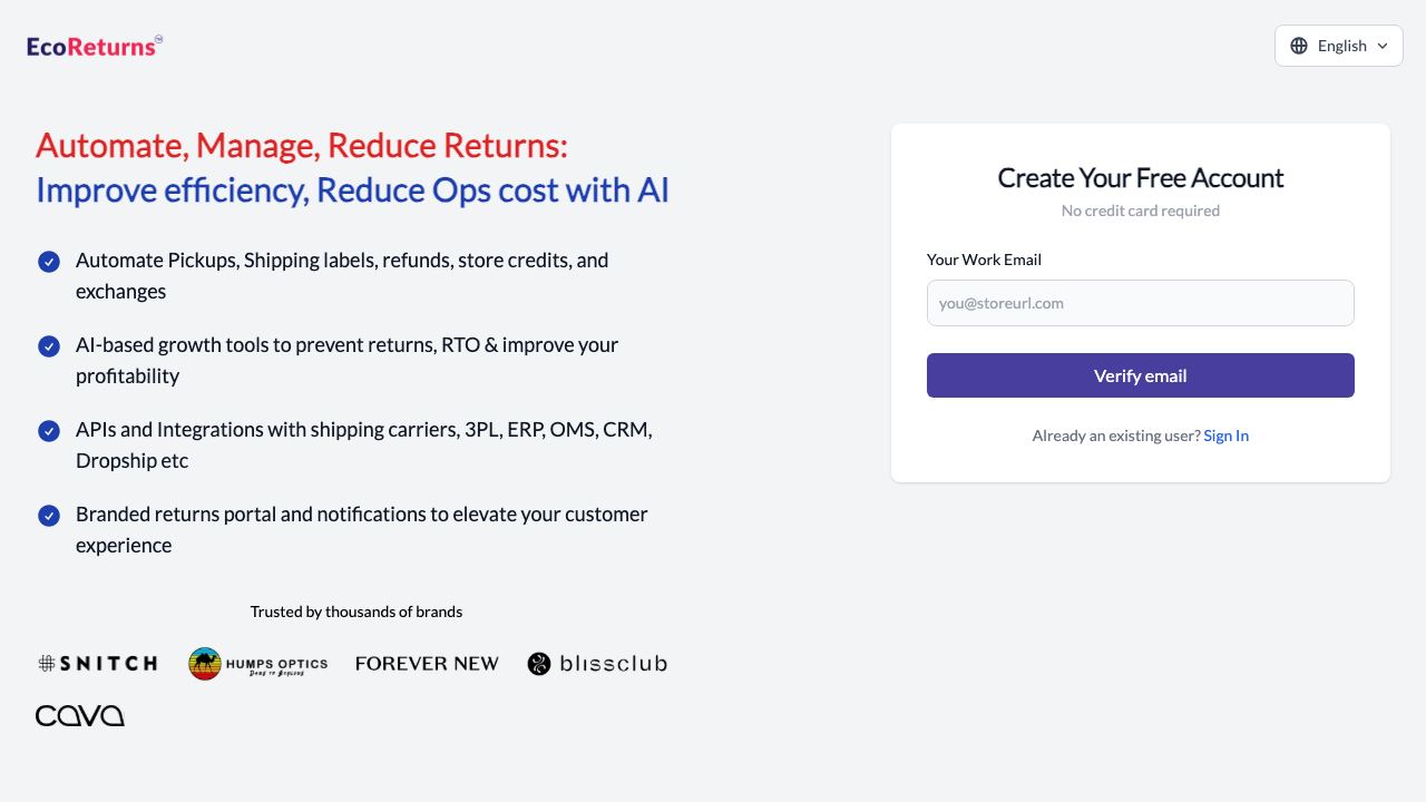 EcoReturns - AI-powered Returns website screenshot
