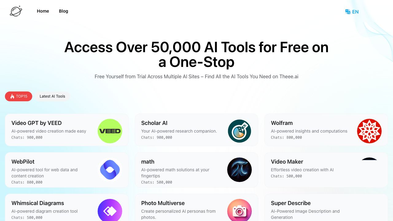 Theee.ai: Access Over 50,000 GPTs Tools Powered by GPT4o for Free 网站截图