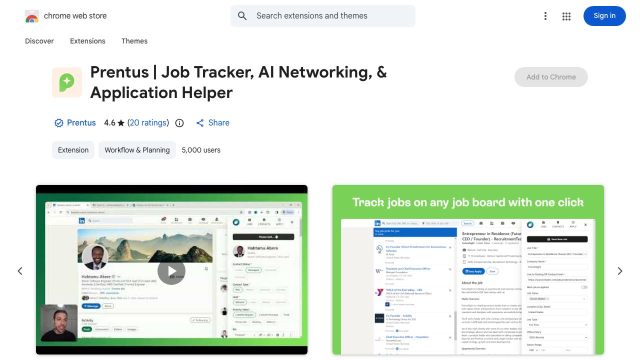 Prentus | Job Tracker, AI Networking, & Application Helper 网站截图