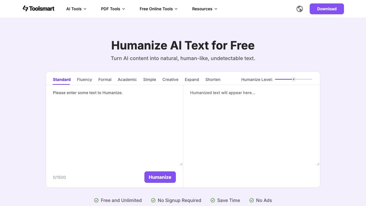 Toolsmart Free Humanize AI 网站截图