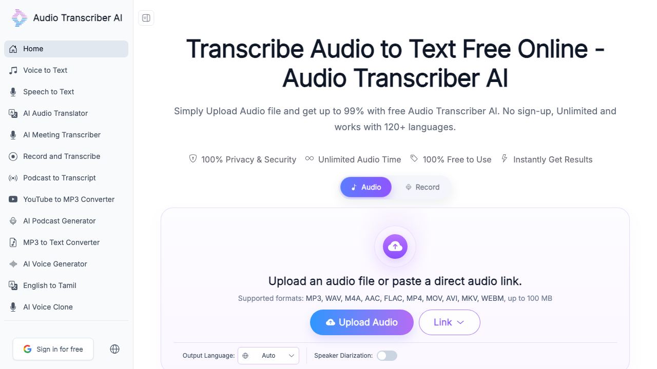 Audio Transcriber AI: Transcribe Audio to Text Free | No sign-up 网站截图
