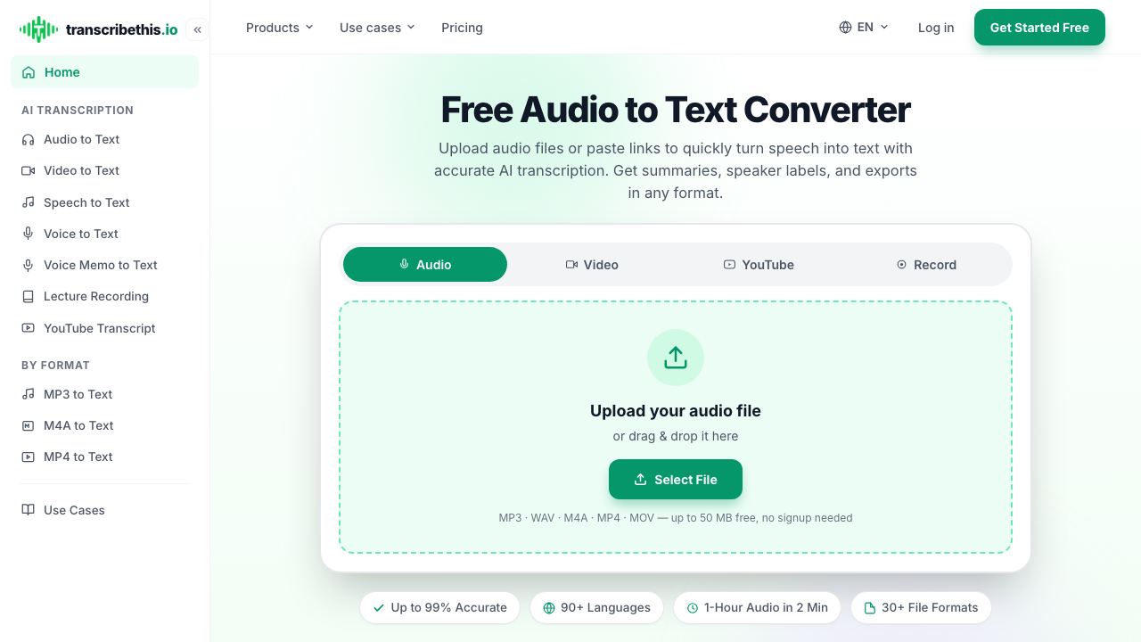 AI audio transcription 网站截图