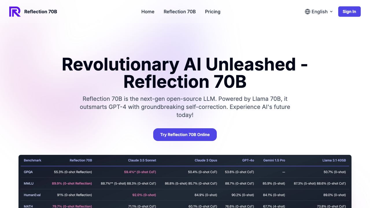 Reflection 70B website screenshot