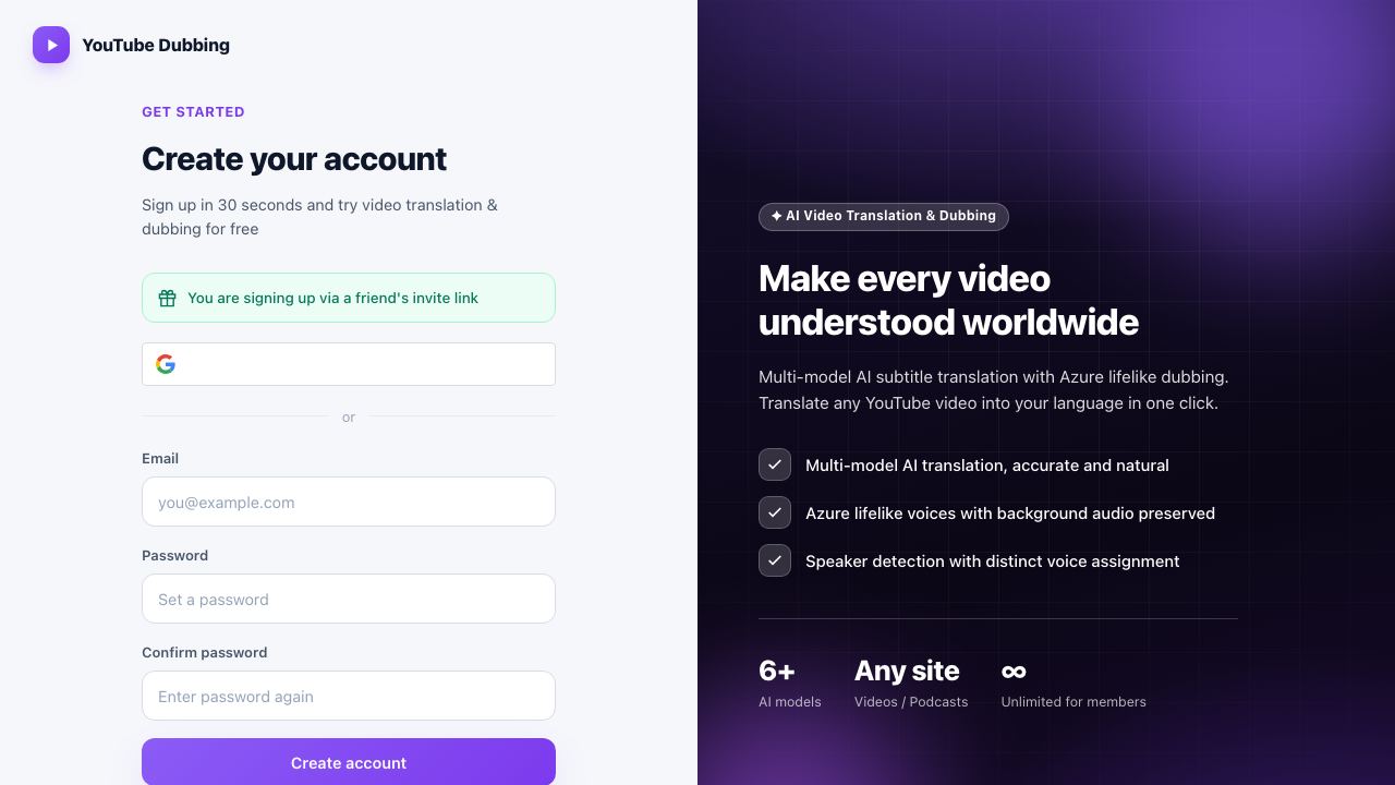 YouTube Dubbing website screenshot