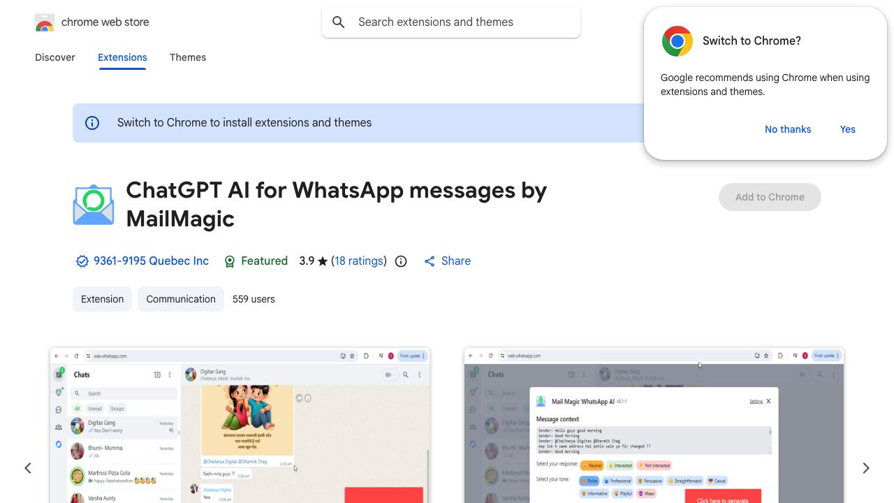 ChatGPT AI for WhatsApp messages by MailMagic website screenshot