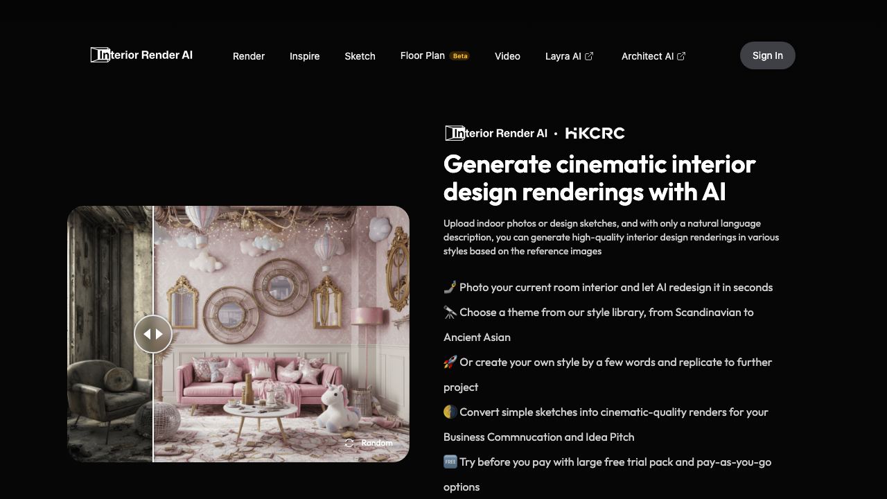 Interior Render AI website screenshot