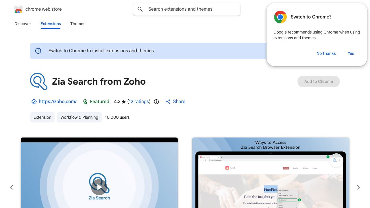 Zia Search from Zoho 网站截图