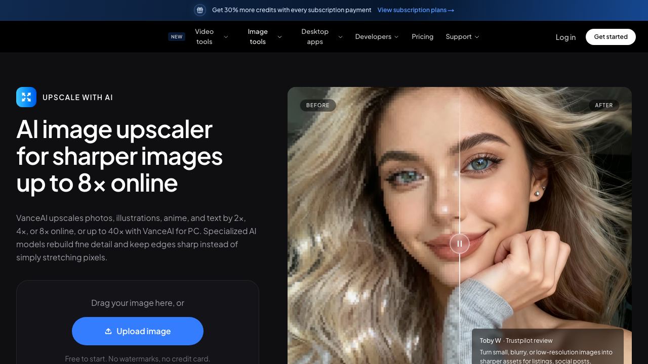 VanceAI Image Upscaler 网站截图