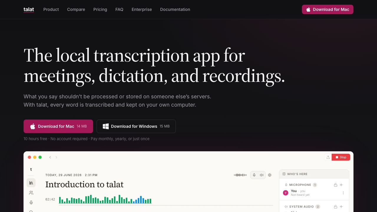 talat - the private meeting notes app 网站截图