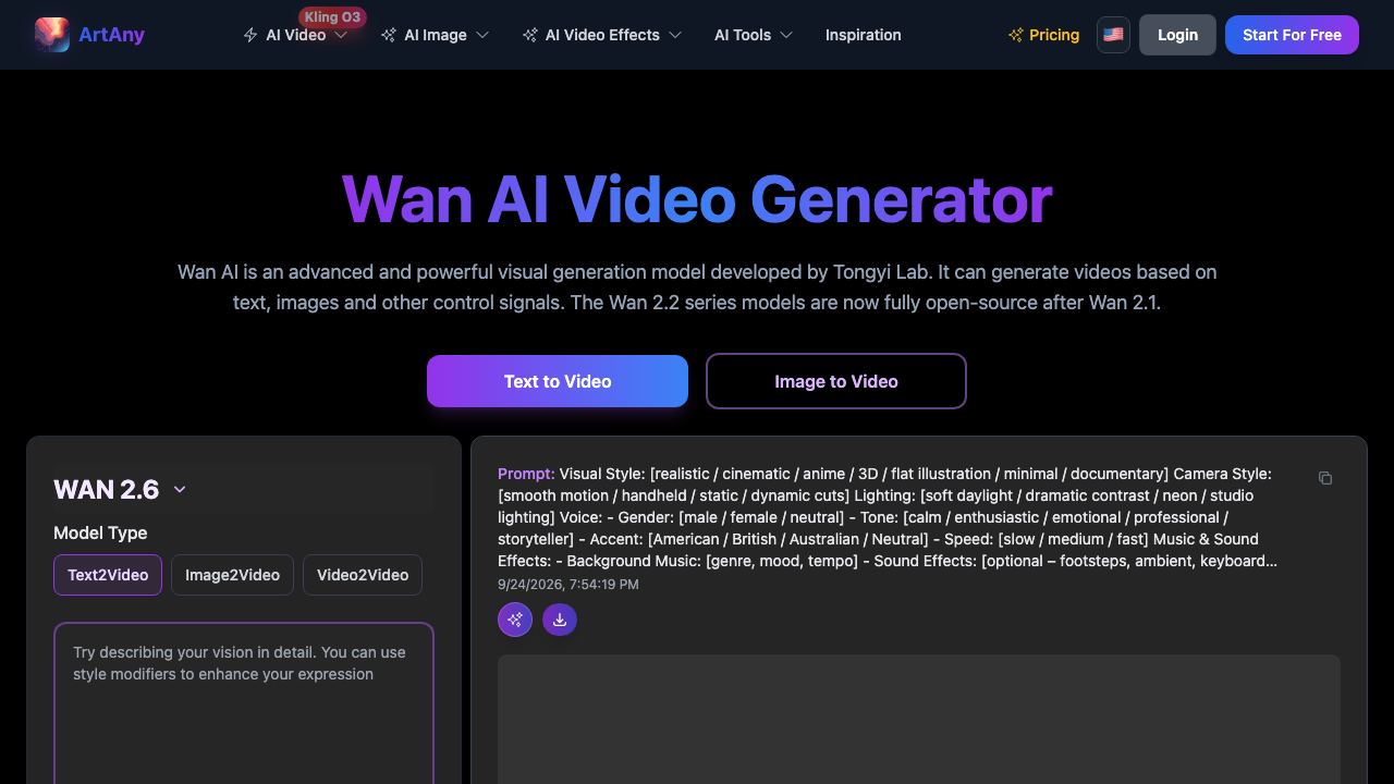 wan ai video generator 网站截图
