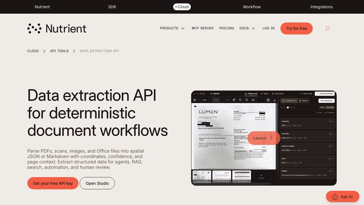 Nutrient Data Extraction API website screenshot
