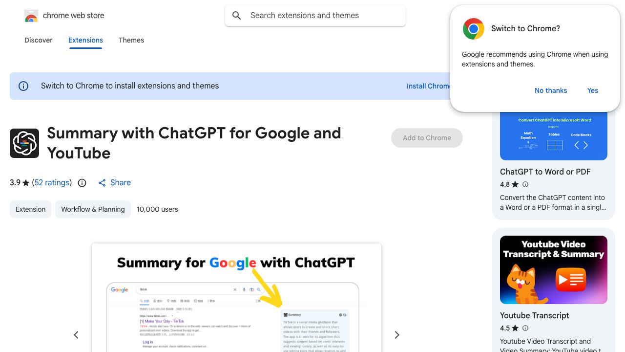 Summary with ChatGPT for Google and YouTube 网站截图