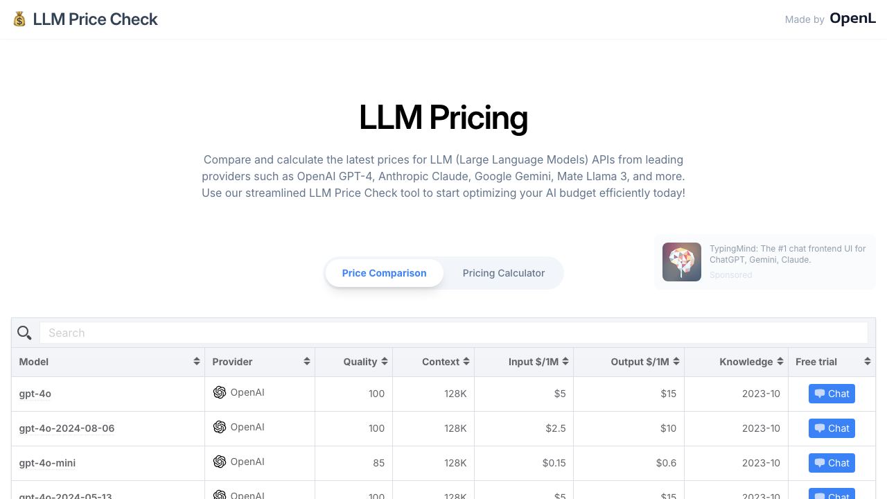 LLM Price Check 网站截图