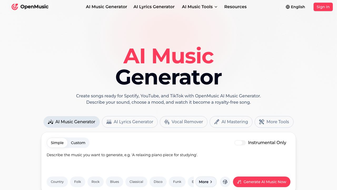 OpenMusic AI website screenshot