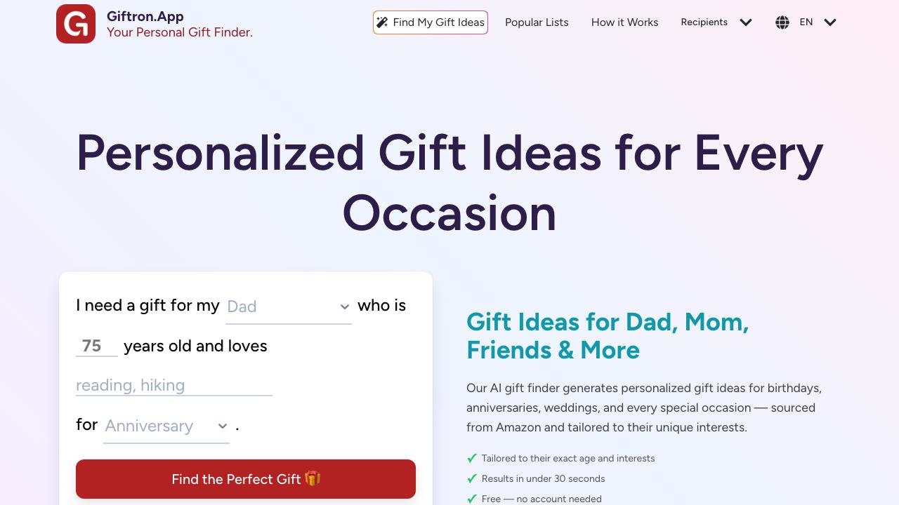 Giftron: Personalized Gift finder 网站截图