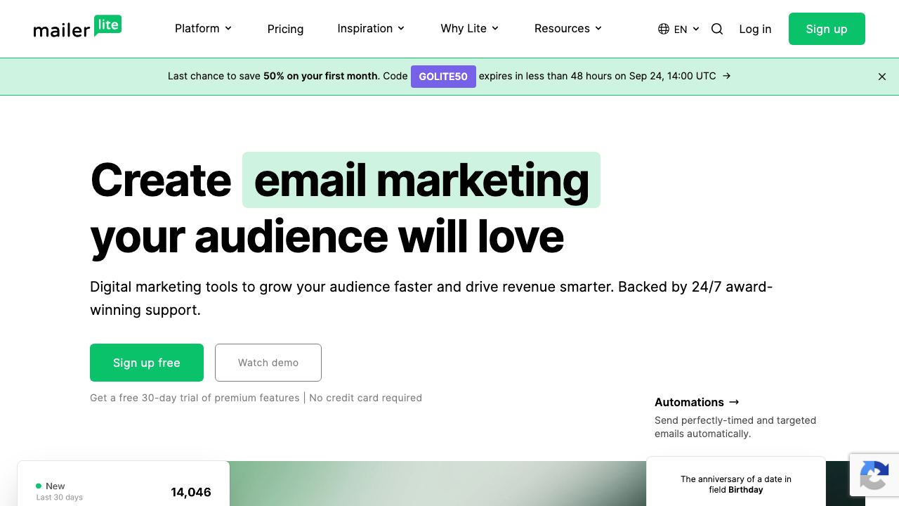 MailerLite AI Drag & Drop Editor website screenshot