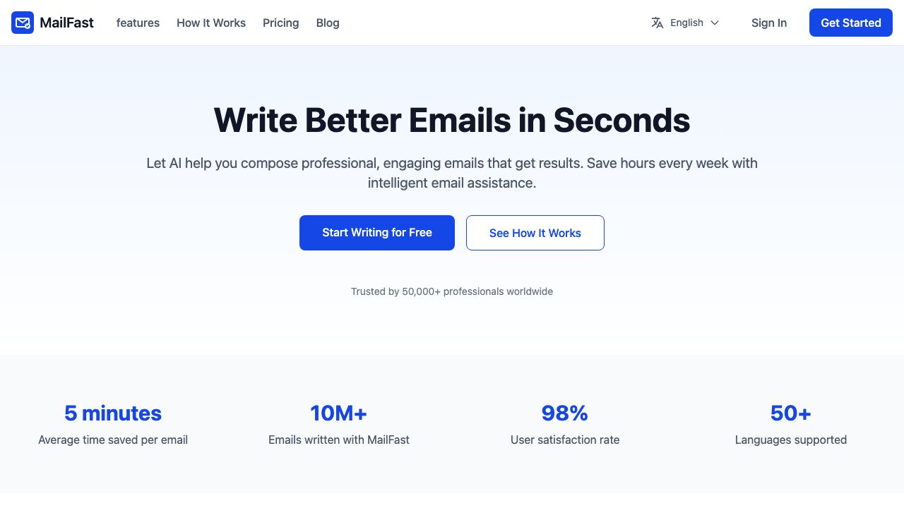 MailFast, your AI email writer website screenshot