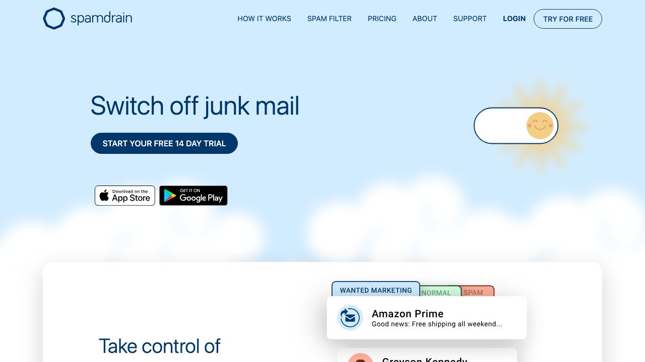 Spamdrain antispam website screenshot