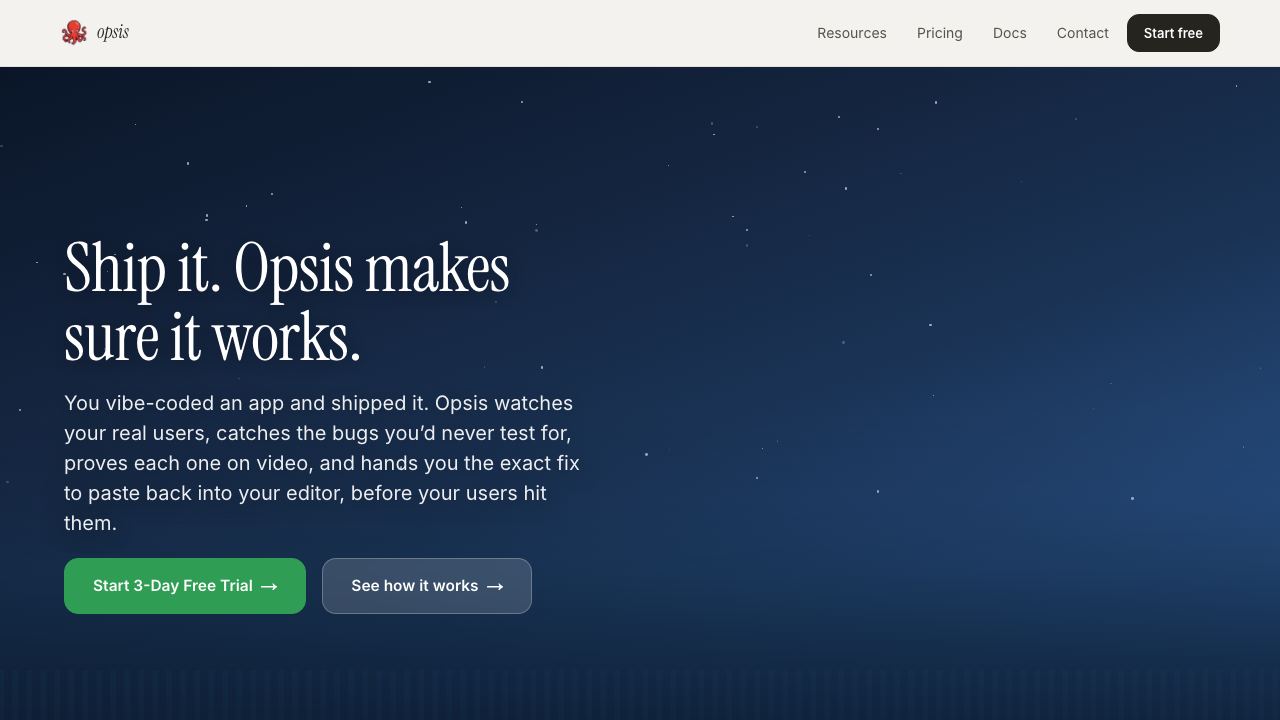 Opsis: AI QA & bug detection for vibe coders 网站截图