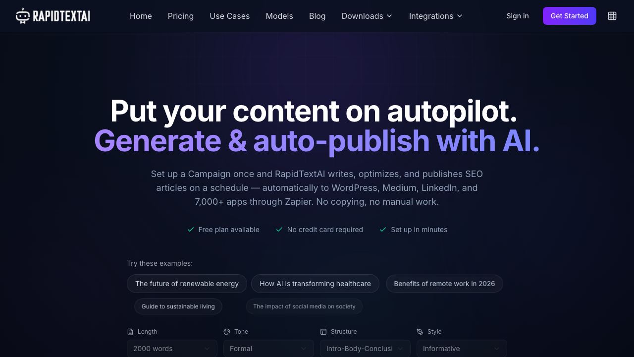 RapidTextAI website screenshot