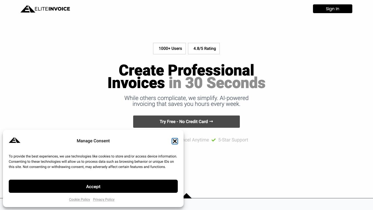 EliteInvoice website screenshot