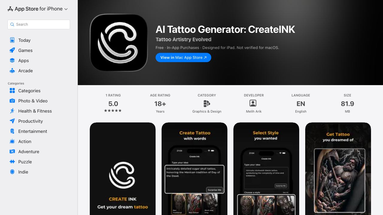 CreateINK: AI Tattoo Generator 网站截图