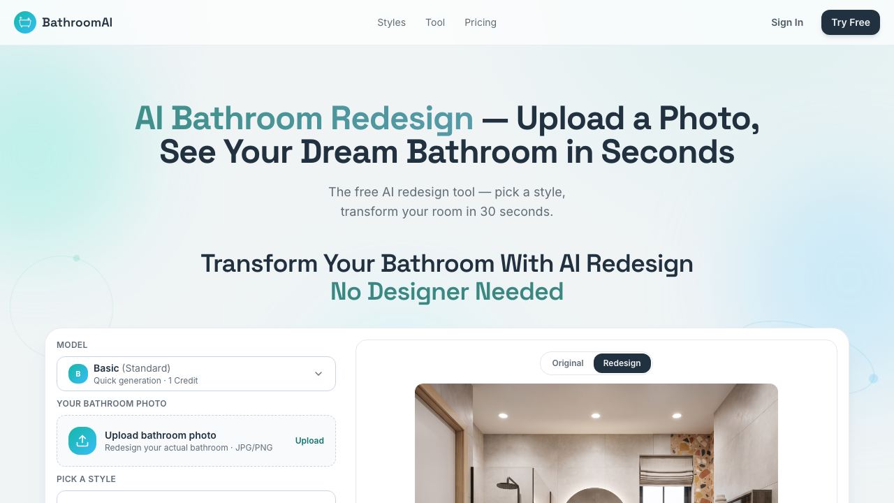 AI Bathroom Design website screenshot