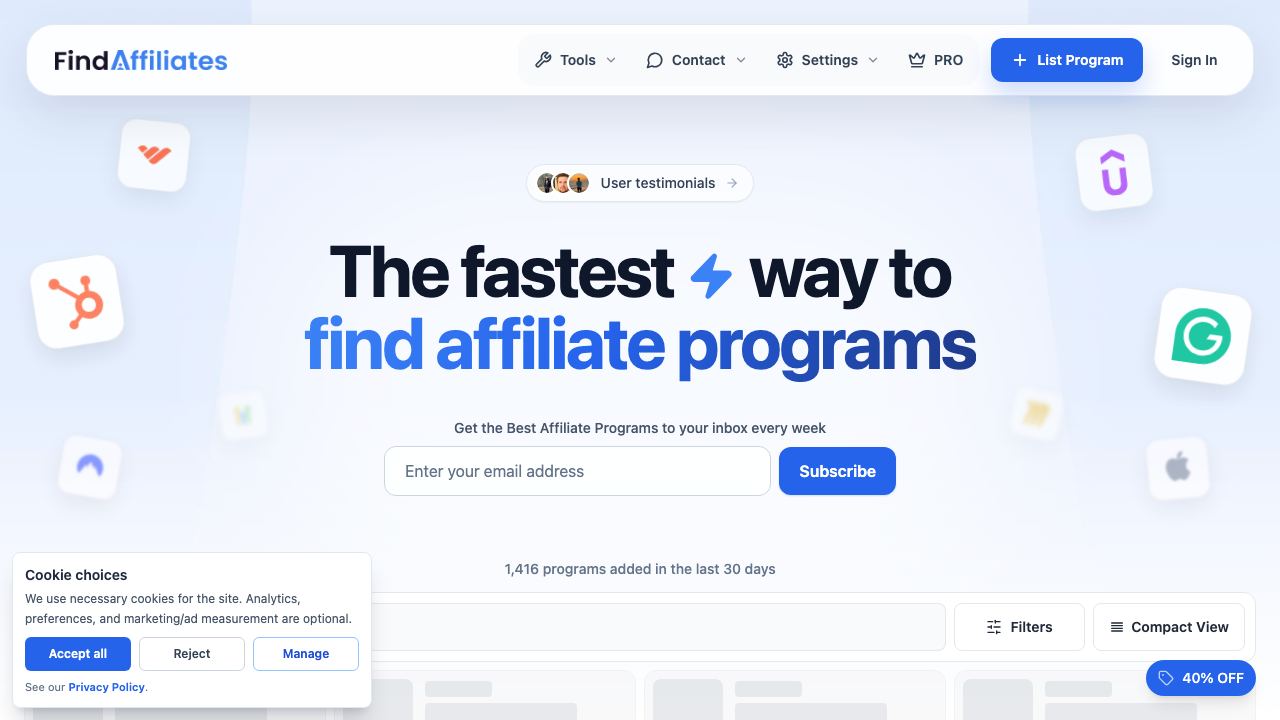 Find Affiliates website screenshot