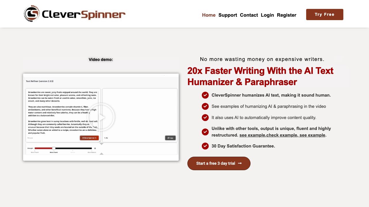 CleverSpinner - AI Humanizer & Paraphrasing Tool 网站截图