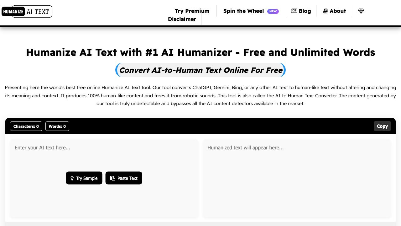 Humanize AI Text ai website screenshot