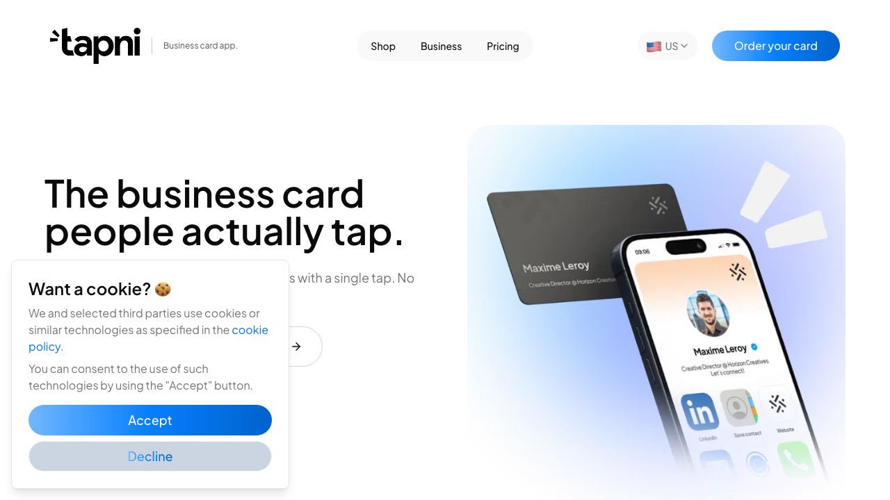 Tapni - Business Card CRM website screenshot