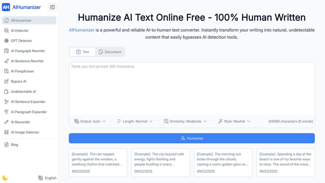 AI Humanizer: Free Humanize AI text Online, Unlimited & No Sign-up 网站截图